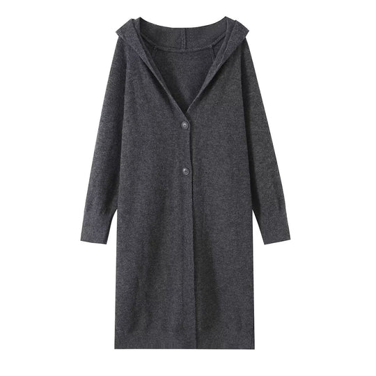 Damen Longline Strickcardigan mit Kapuze, Feinstrick und Knopfverschluss Nord Taschen
