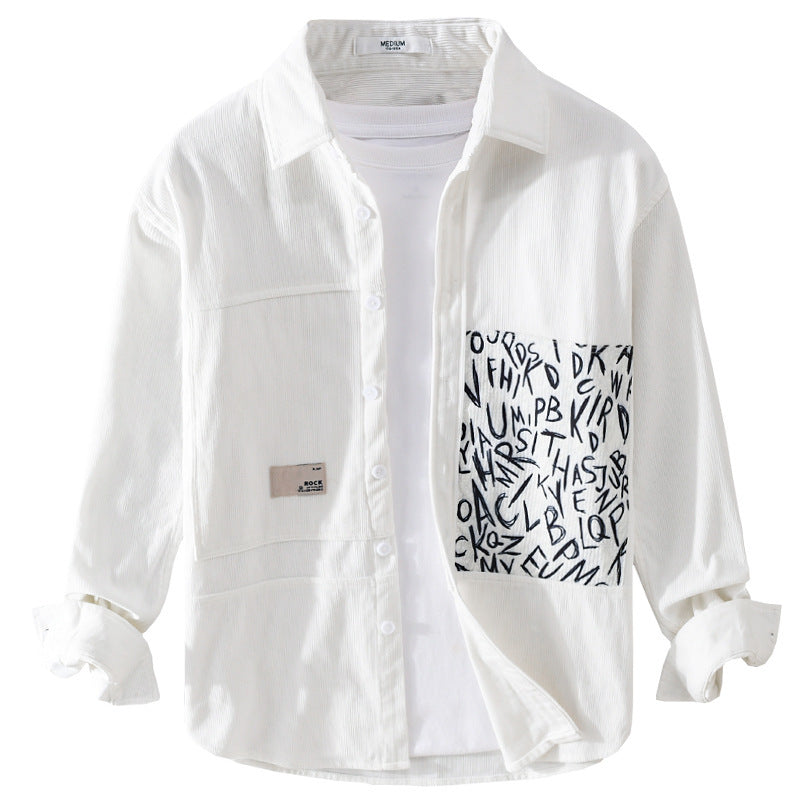 Herren Leichtes Cord-Hemdjacken-Overshirt mit Letterprint-Brusttasche und Relaxed Fit Nord Taschen