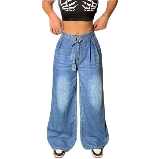 Damen weite High‑Waist Palazzo-Jeans aus Stretch-Denim mit Bundfalten & Bindegürtel Nord Taschen