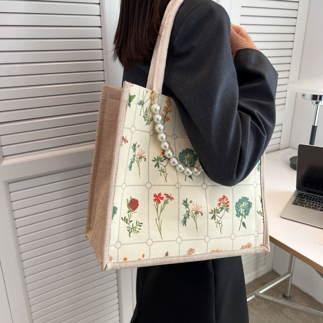 Damen Jute-Shopper Tasche mit floralem Stickmuster und stabilen Griffen Nord Taschen