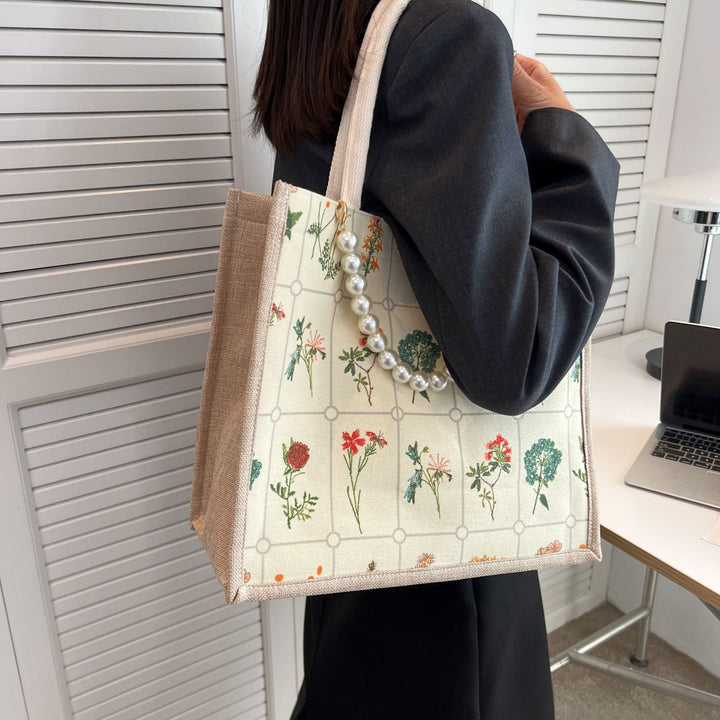 Damen Jute-Shopper Tasche mit floralem Stickmuster und stabilen Griffen Nord Taschen