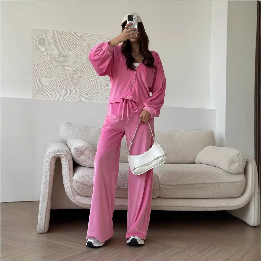 Damen luxuriöses Velours-Lounge-Set mit kurzem Reißverschluss-Hoodie und weitem High-Waist-Hose Nord Taschen