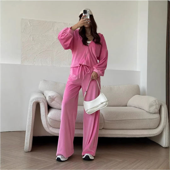 Damen luxuriöses Velours-Lounge-Set mit kurzem Reißverschluss-Hoodie und weitem High-Waist-Hose Nord Taschen