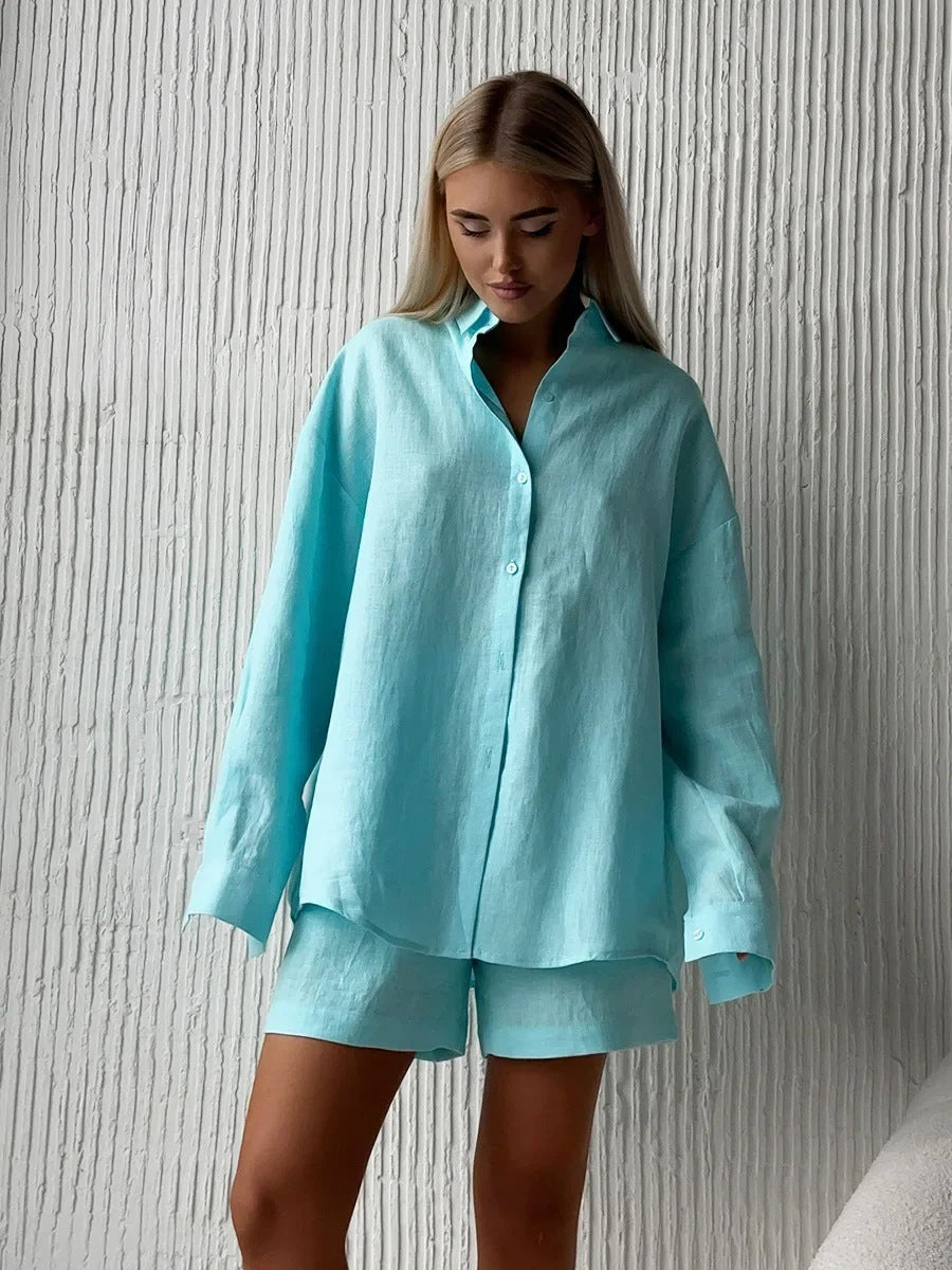Damen lässiges Leinen Set mit lockerer Bluse und Shorts