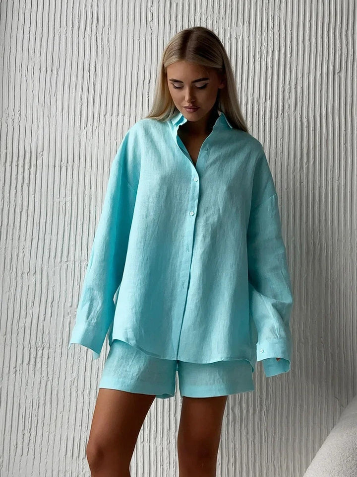 Damen lässiges Leinen Set mit lockerer Bluse und Shorts