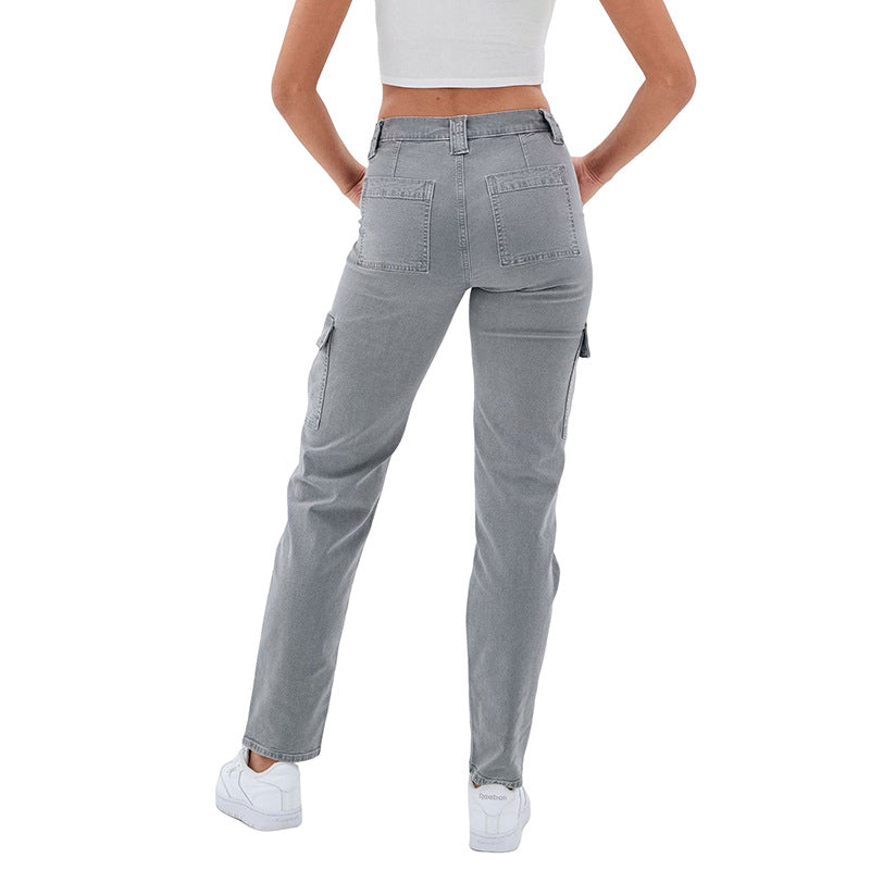 Damen Hochtaillierte Cargohose aus Denim mit geradem Bein und Mehrfachtaschen Nord Taschen