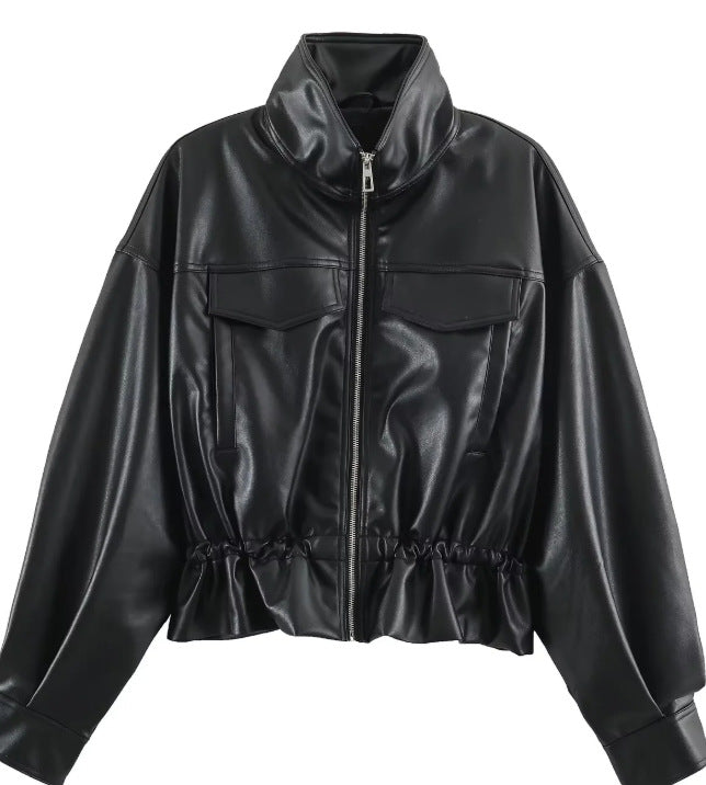 Damen Cropped Kunstleder‑Blouson mit Stehkragen, Pattentaschen und Tunnelzugtaillierung Nord Taschen