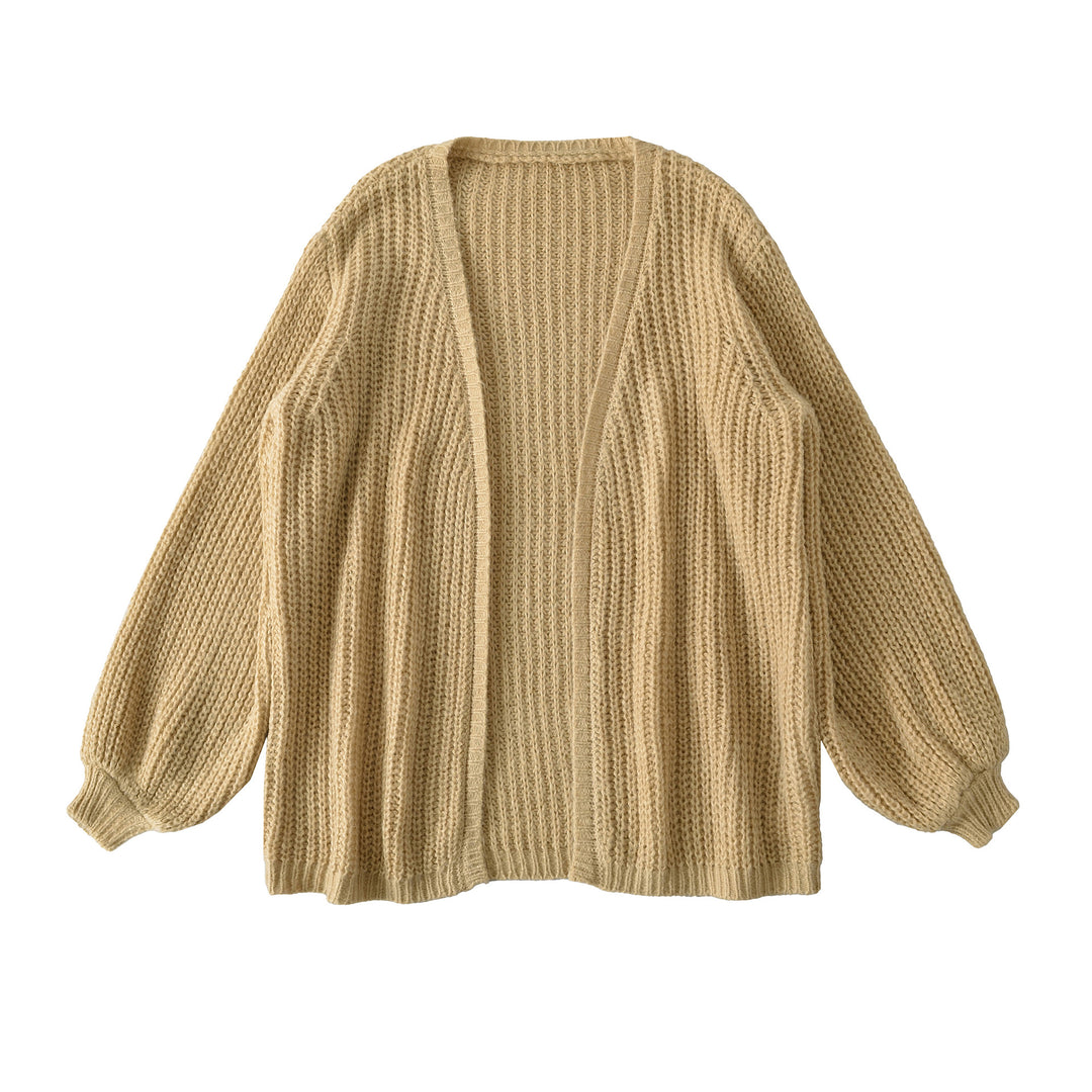Damen Offene Grobstrick-Cardigan mit Ballonärmeln Nord Taschen
