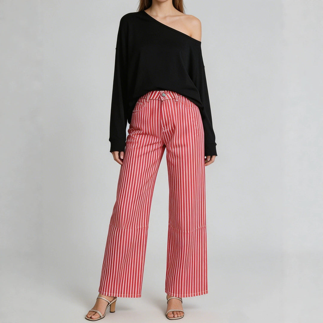 Damen weite High-Waist Palazzohose mit vertikalen Streifenoptik und abgesteppten Kniepartien Nord Taschen