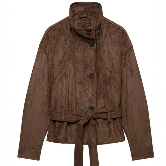 Damen Kurzjacke aus Veloursimitat mit Stehkragen und Taillengürtel Nord Taschen