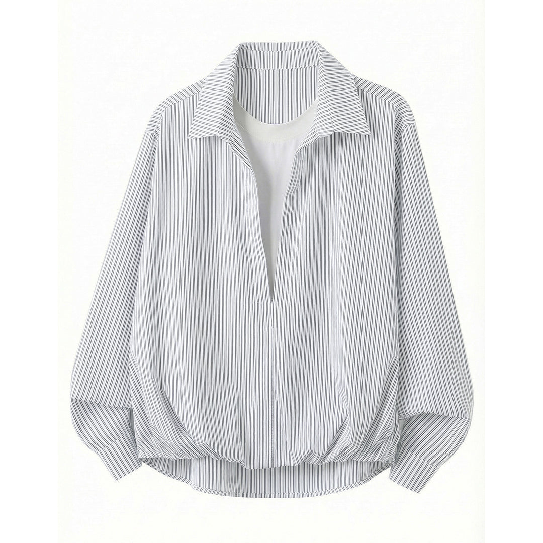 Damen Weites gestreiftes Hemdblusen-Shirt mit tiefem V-Ausschnitt und gerafftem Saum Nord Taschen