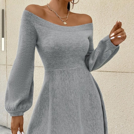 Damen Schulterfreies Feinstrick-Kleid mit taillierter Passform und Ballonärmeln Nord Taschen