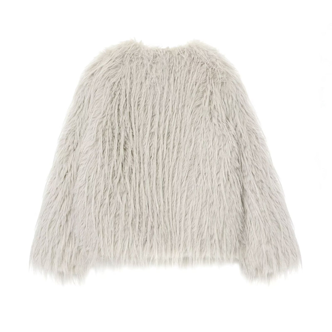 Damen Faux-Fur-Pelzjacke mit langem Shaggy-Fell und Rundhalsausschnitt Nord Taschen