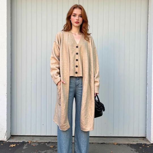 Damen Oversize Strick-Set mit Longcardigan, Knopf-Weste und weiten Hosen Nord Taschen
