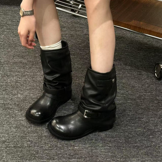 Damen Lederstiefel mit modischen Schnallenverzierungen Nord Taschen