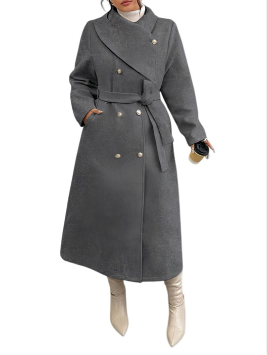 Damen Doppelreihiger Wollmix-Mantel mit weitem Schalkragen und Bindegürtel Nord Taschen
