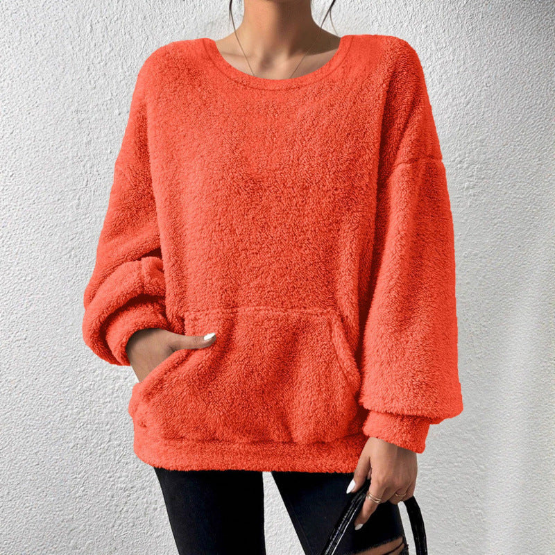 Damen Kuscheliger Oversize-Sherpa-Pullover mit Kängurutasche und Ballonärmeln Nord Taschen