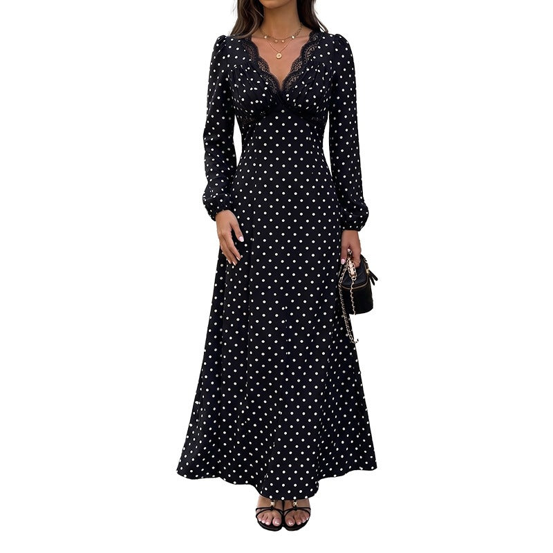 Damen Polka‑Dot Maxikleid mit Spitzen‑V-Ausschnitt, Empire‑Taillenlinie und langem Fließrock Nord Taschen
