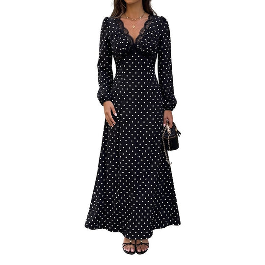 Damen Polka‑Dot Maxikleid mit Spitzen‑V-Ausschnitt, Empire‑Taillenlinie und langem Fließrock Nord Taschen