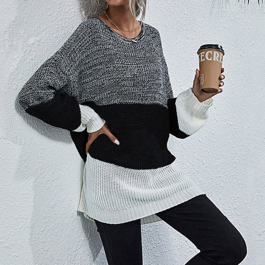 Damen Oversize Strickpullover mit Colorblock‑Einsätzen, Rundhals und Tunika‑Silhouette Nord Taschen