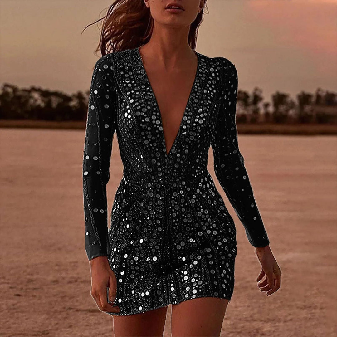 Damen Luxuriöses Partykleid mit funkelnden Pailletten und tiefem V-Ausschnitt
