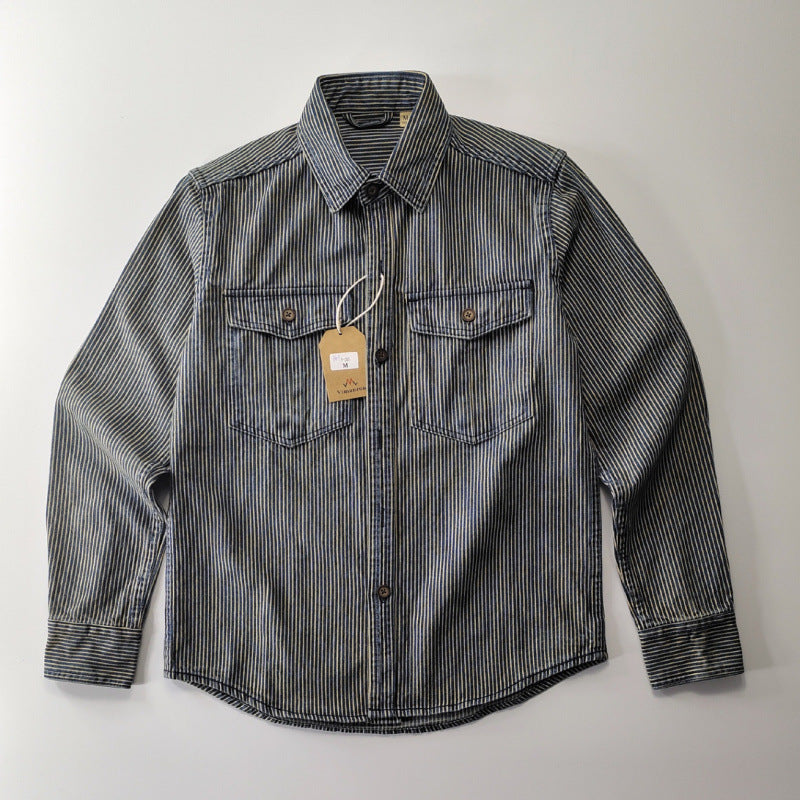 Herren Leichte gestreifte Denim-Worker-Hemdjacke mit aufgesetzten Pattentaschen Nord Taschen