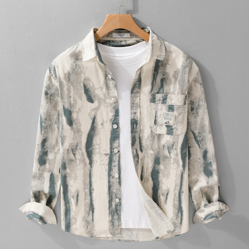 Herren Lockeres Hemdjacken-Overshirt aus Leinen-Baumwollmix mit abstraktem Brush‑Print und Kentkragen Nord Taschen