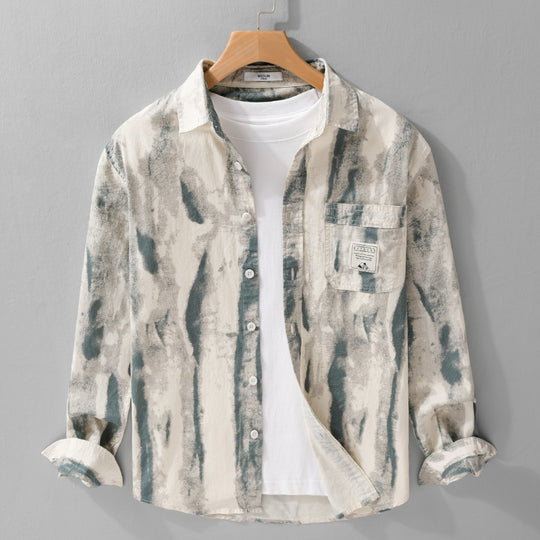 Herren Lockeres Hemdjacken-Overshirt aus Leinen-Baumwollmix mit abstraktem Brush‑Print und Kentkragen Nord Taschen