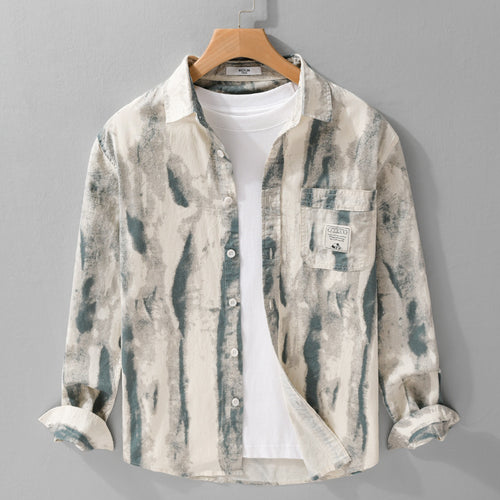 Herren Lockeres Hemdjacken-Overshirt aus Leinen-Baumwollmix mit abstraktem Brush‑Print und Kentkragen Nord Taschen