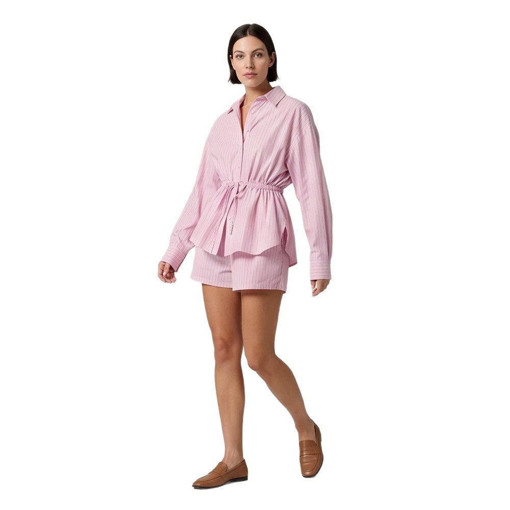 Damen Gestreiftes Loungewear-Set aus Leichtbaumwolle mit Kordel-Taille & Shorts Nord Taschen