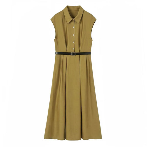 Damen Ärmelloses Hemdblusenkleid mit Taillenfalten und Gürtel Nord Taschen