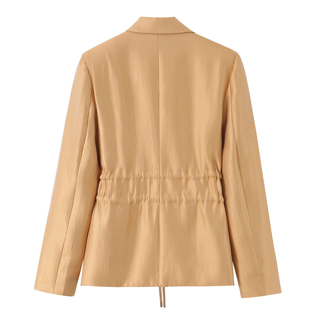 Damen Taillierter Satin-Blazer mit Tunnelzug, Reverskragen und legerer Silhouette Nord Taschen