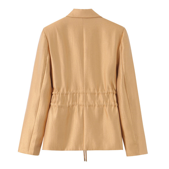 Damen Taillierter Satin-Blazer mit Tunnelzug, Reverskragen und legerer Silhouette Nord Taschen
