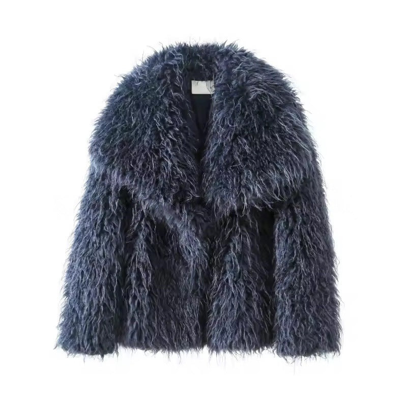 Damen Kurzjacke aus langflorigem Kunstpelz mit extra breitem Schalkragen Nord Taschen