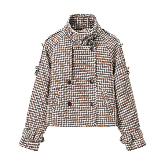 Damen Kurze zweireihige Boxy‑Jacke im Hahnentritt mit hohem Stehkragen und dekorativen Schnallen Nord Taschen