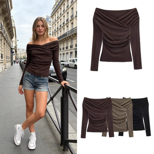 Damen Schulterfreies gerafftes Langarmtop mit Wickel‑Drapierung Nord Taschen