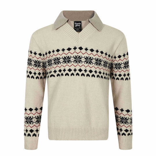 Herren Norweger-Strickpullover mit V‑Ausschnitt und kontrastierendem Hemdkragen Nord Taschen