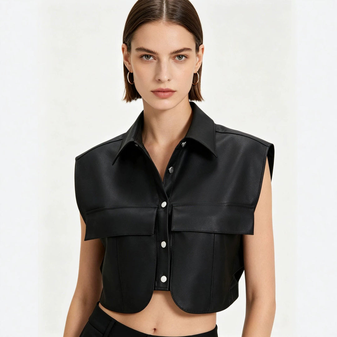 Damen Kurze ärmellose Kunstleder-Weste mit Oversize-Schultern Nord Taschen