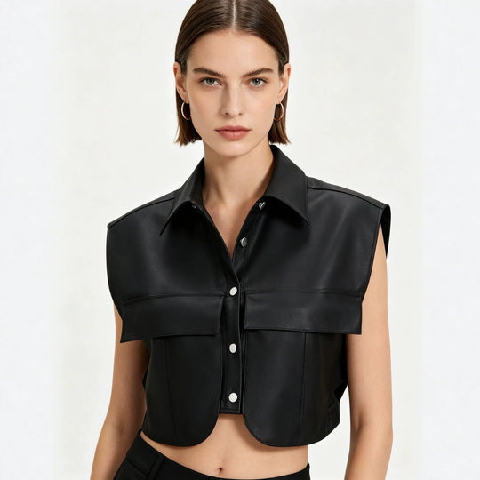 Damen Kurze ärmellose Kunstleder-Weste mit Oversize-Schultern Nord Taschen
