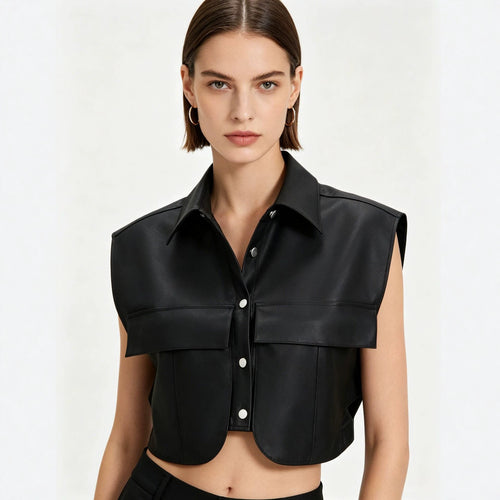 Damen Kurze ärmellose Kunstleder-Weste mit Oversize-Schultern Nord Taschen