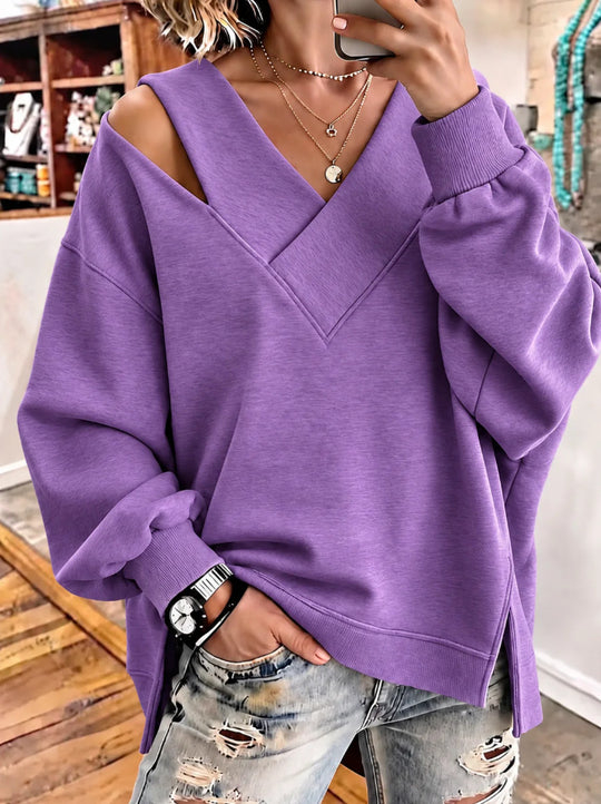 Damen Oversize-Sweatshirt mit V‑Ausschnitt und Cut-Out-Schulter Nord Taschen