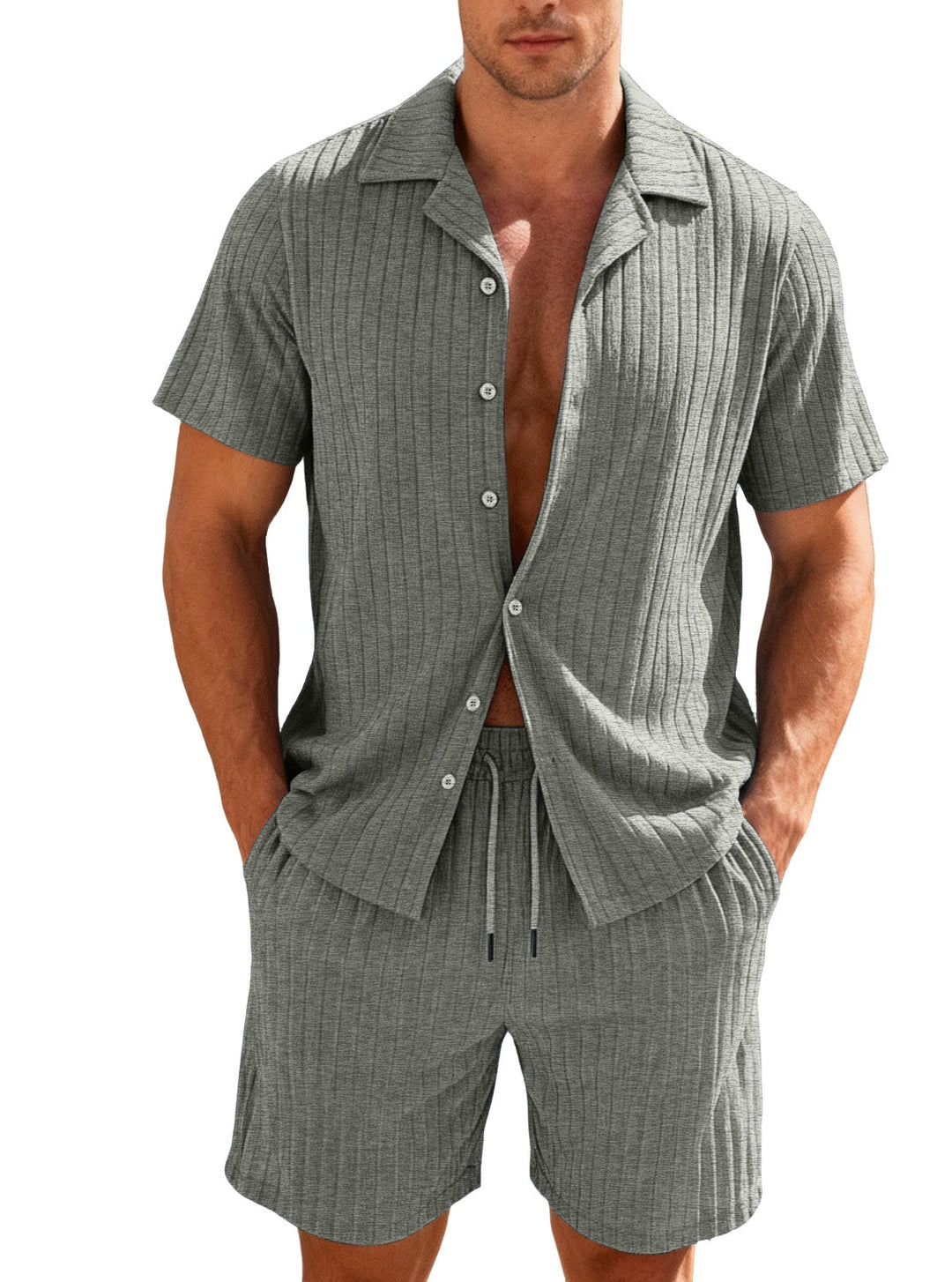 Herren nan Rippenstrick Lounge-Set mit Reverskragen Kurzarmhemd und Komfort-Bermuda Nord Taschen