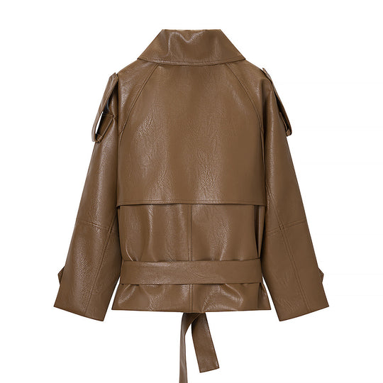 Damen Kurz geschnittener Kunstleder-Trenchcoat mit Bindegürtel und Schulterriegel Nord Taschen