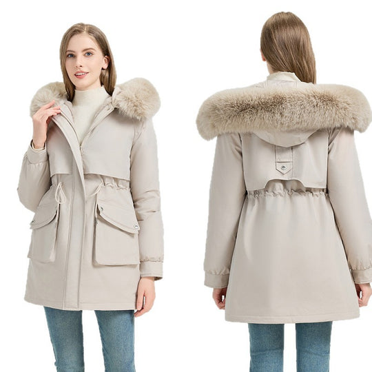 Damen nan taillierter Thermo-Parka mit abnehmbarer Kunstpelzkapuze, weichem Teddyfutter und verstellbarem Tunnelzug Nord Taschen