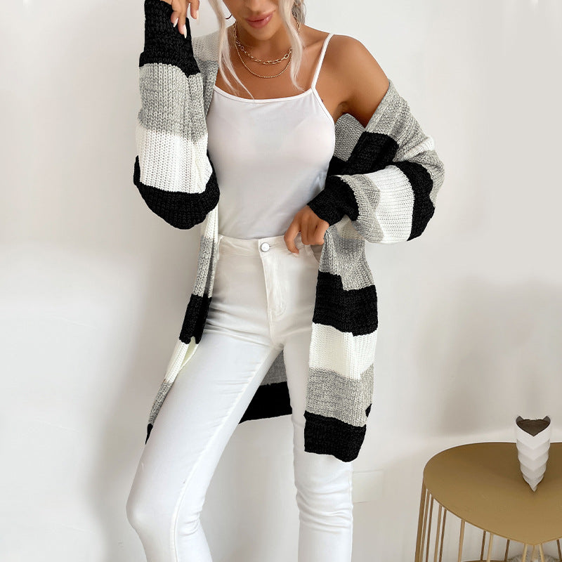 Damen Longline Strickcardigan mit breiten Blockstreifen, offener Front und überschnittener Schulter Nord Taschen