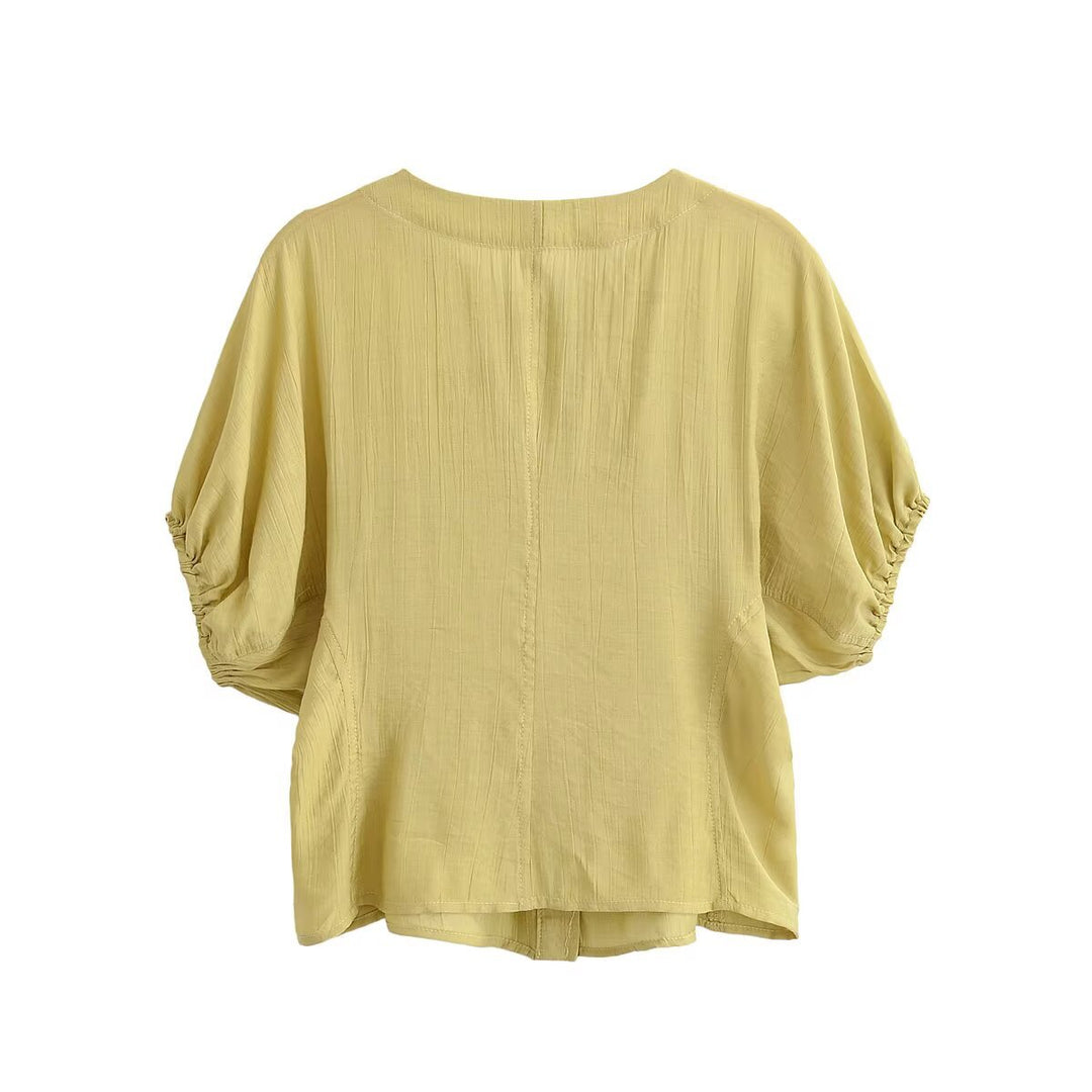 Damen Leichtes Crinkle-Blusen-Shirt mit Knopfleiste und gerafften Ballonärmeln Nord Taschen
