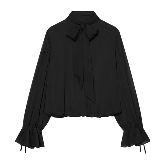 Damen Wickel-Cropped-Bluse mit Stehkragen und Volumenärmeln Nord Taschen