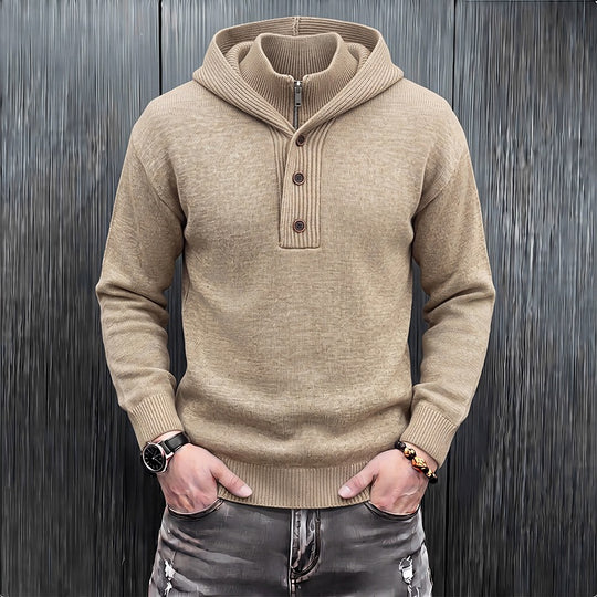 Herren Feinstrick-Kapuzenpullover mit halbem Reißverschluss und Knopfblende Nord Taschen