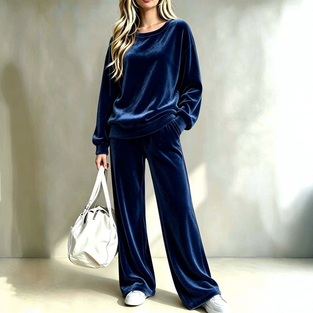 Damen Weiches Velours-Loungewear-Set mit weitem Bein und Rundhalsausschnitt Nord Taschen