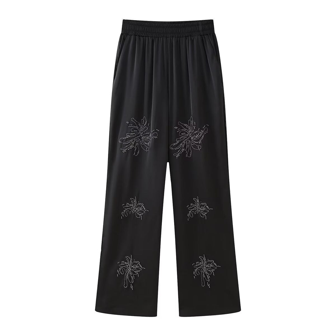 Damen Elegante Satinhose im Palazzo‑Schnitt mit elastischem Umschlagbund und floraler Zierstickerei Nord Taschen